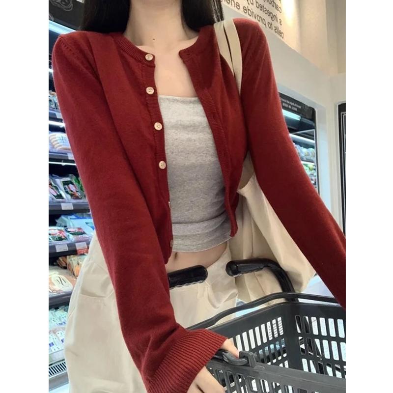 Fashion Casual Long Sleeve O-neck Knitted Cardigan Sweater Spring Autumn Loose Women Elegant Slim Fit Solid Color Top Office Thin Simple Short Coat
