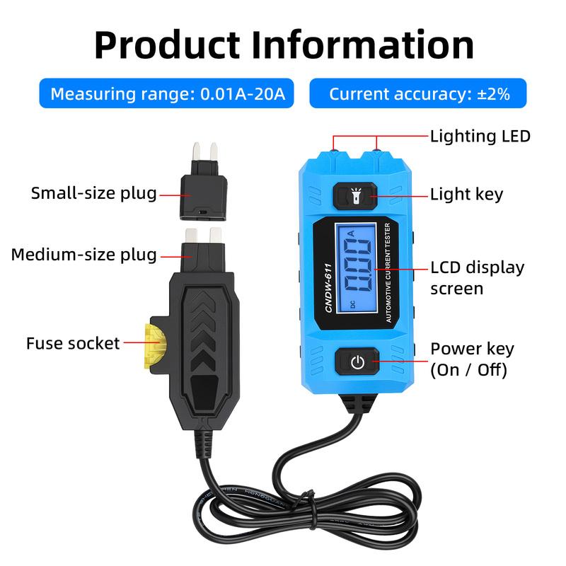 Automotive Fuse Current Tester 12V Range 0.01~19.99A Car Leakage Analyzer Fault Tester Automotive Fuse Current Testing Tool LCD