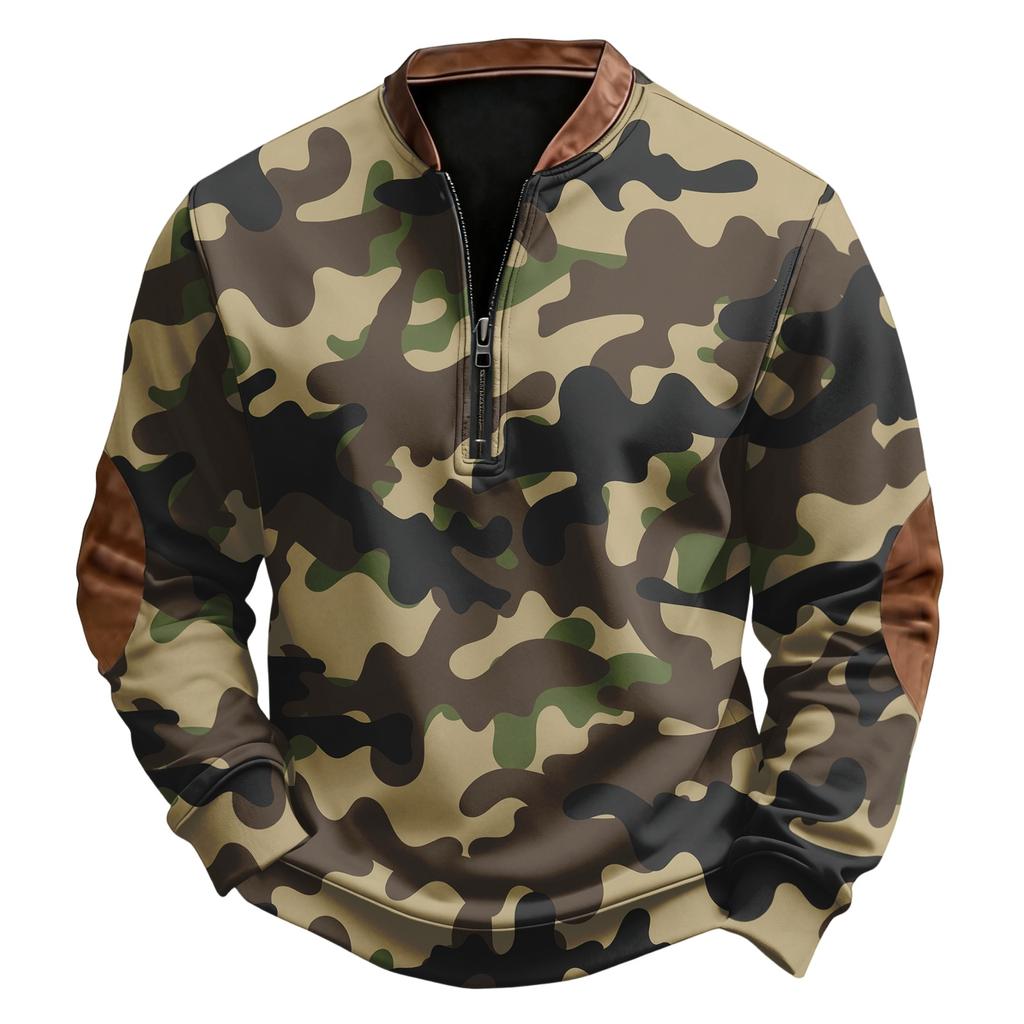 Men's Casual, Trendy, Retro American Camouflage Printed Round-neck Long-sleeved Half-pull One-piece Sweatshirt