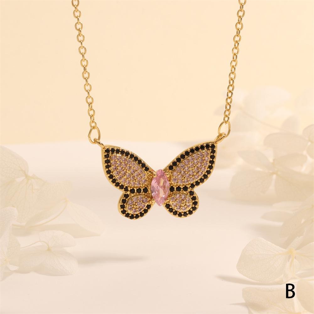 Color-Inlaid Zircon Butterfly Pendant Necklace - Fashionable Copper Insect Jewelry