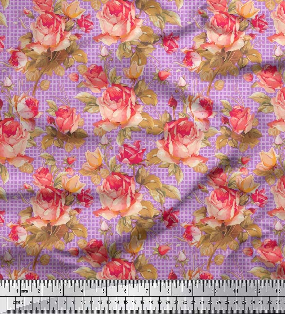 Soimoi Japan Crepe Satin Stoff Sjekk, Blader & Rose Blomstertrykk Sy Stoff meter 42 tommer