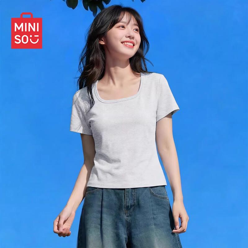 MINISO Women s Slim-Fit Short Sleeve U-Neck T-Shirt L