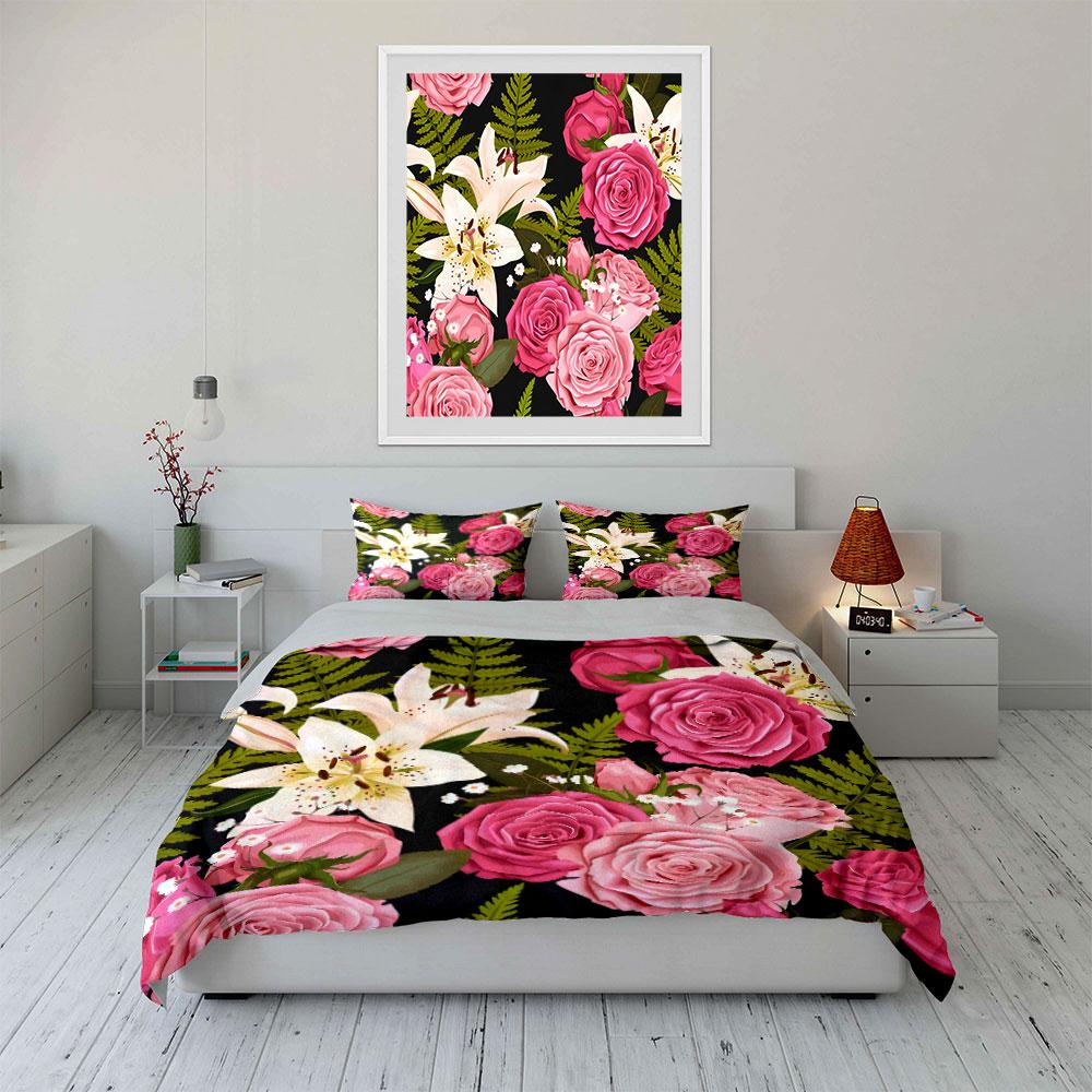 Pink Roses And White Lilies Bedding Set For Kids Luxury Gift 3Pcs Digital Print Comforter Set Soft Comfortable Breathable