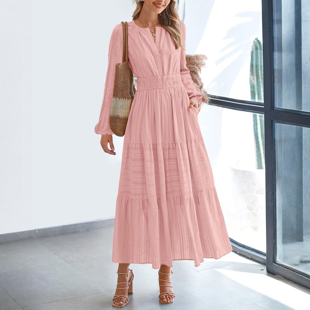 Women's Fashion V-neck Pleated, Waist-cinching, Wide-swing Long-sleeved Dress