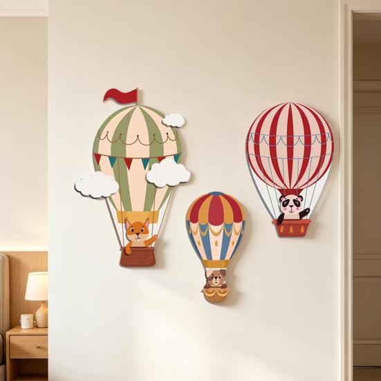 3 Pcs Hot Air Balloon Wall Decor Boho Wooden Nursery Wall Art Cartoon Animals Hot Air Balloon Wall Sculpture for Kids Bedroom Baby Shower Decoration