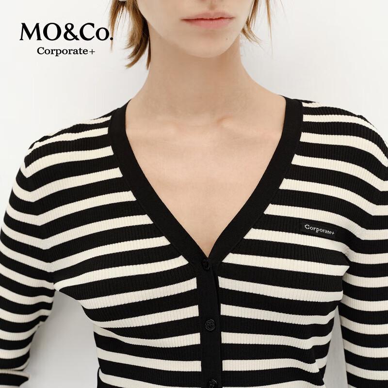 MO&Co. C+ Series Striped Knit V-Neck Cardigan