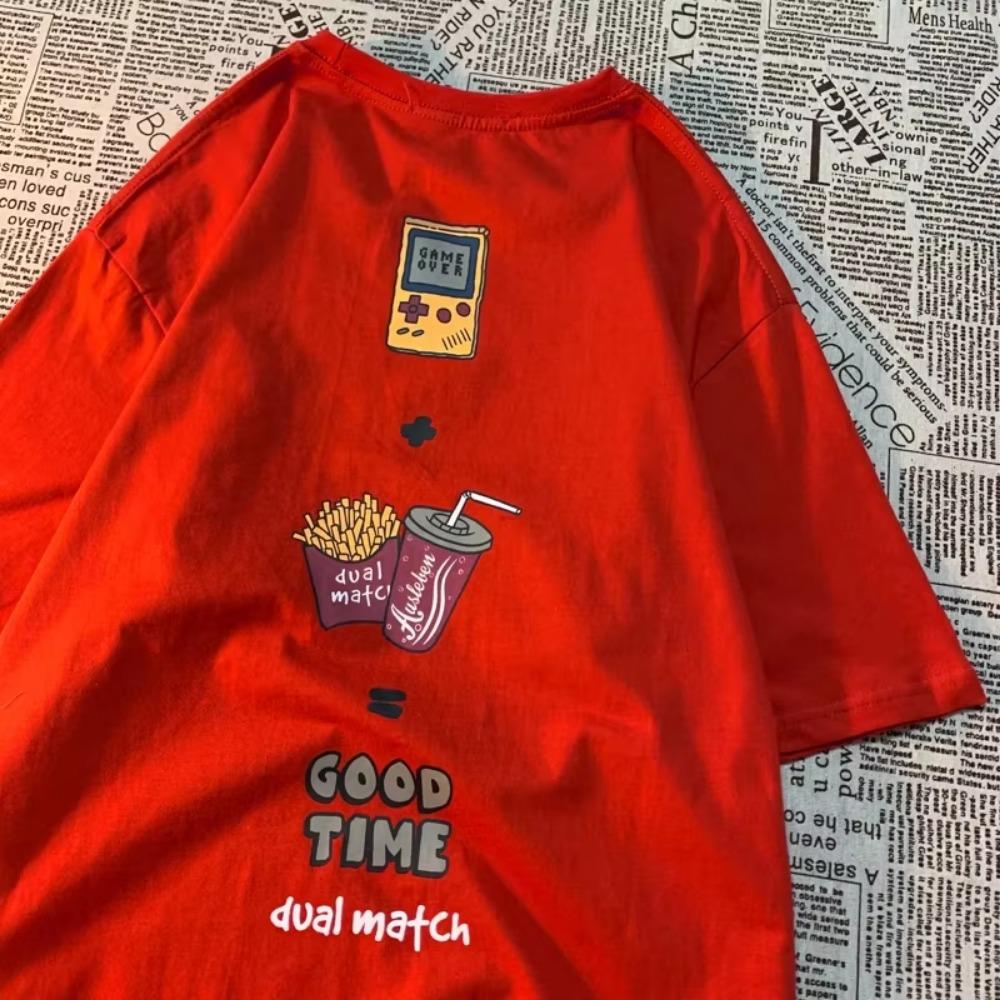 Tricou cu mânecă scurtă pentru bărbați, cu desen animat retro american, timp fericit de weekend, marcă la modă, larg, versatil, pentru studenți, cu mânecă scurtă