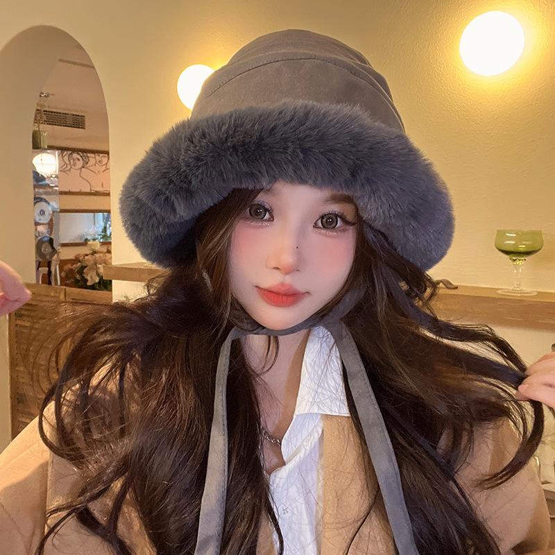 Plush Thickened Furry Mongolian Hat Live Broadcast Same Solid Color Suede Lace Up Ear Protection and Warm Fisherman's Hat
