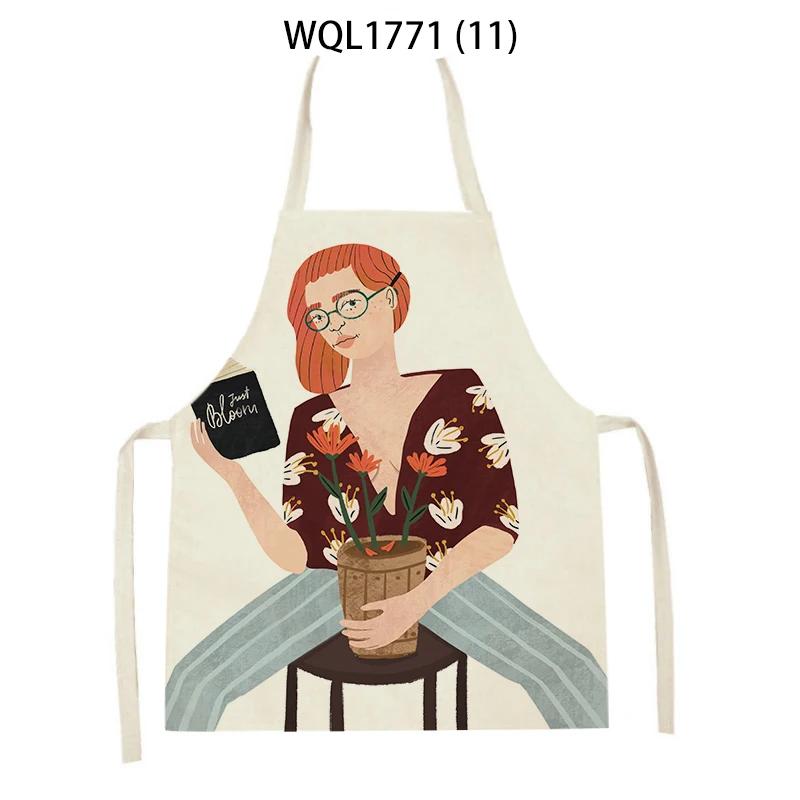 Cartoon Modern Girl Plants Printed Kitchen Apron Men Women Abstract Characters Cooking Aprons Waist Bib Cleaning Pinafores