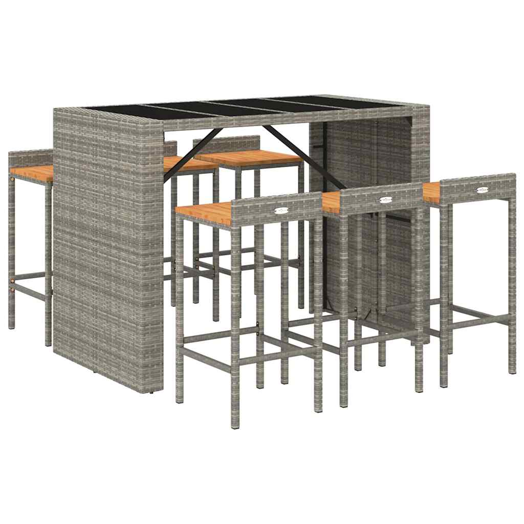 7 piece Garden Bar Set Grey Poly Rattan & Solid Acacia Wood