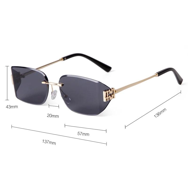 Trendy Blue Rimless Rectangle Sunglasses for Women Men Unique Metal Rivets Gradient Gray UV Protection Eyewear