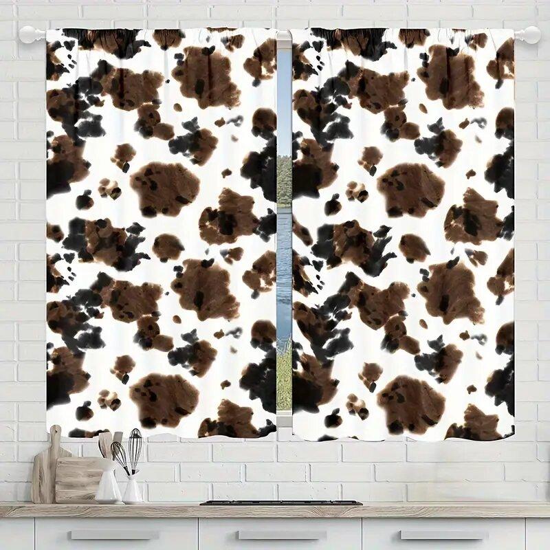 2 pieces - Textured cow spot pattern printed curtains   window decorations   home decorations   room decorations
