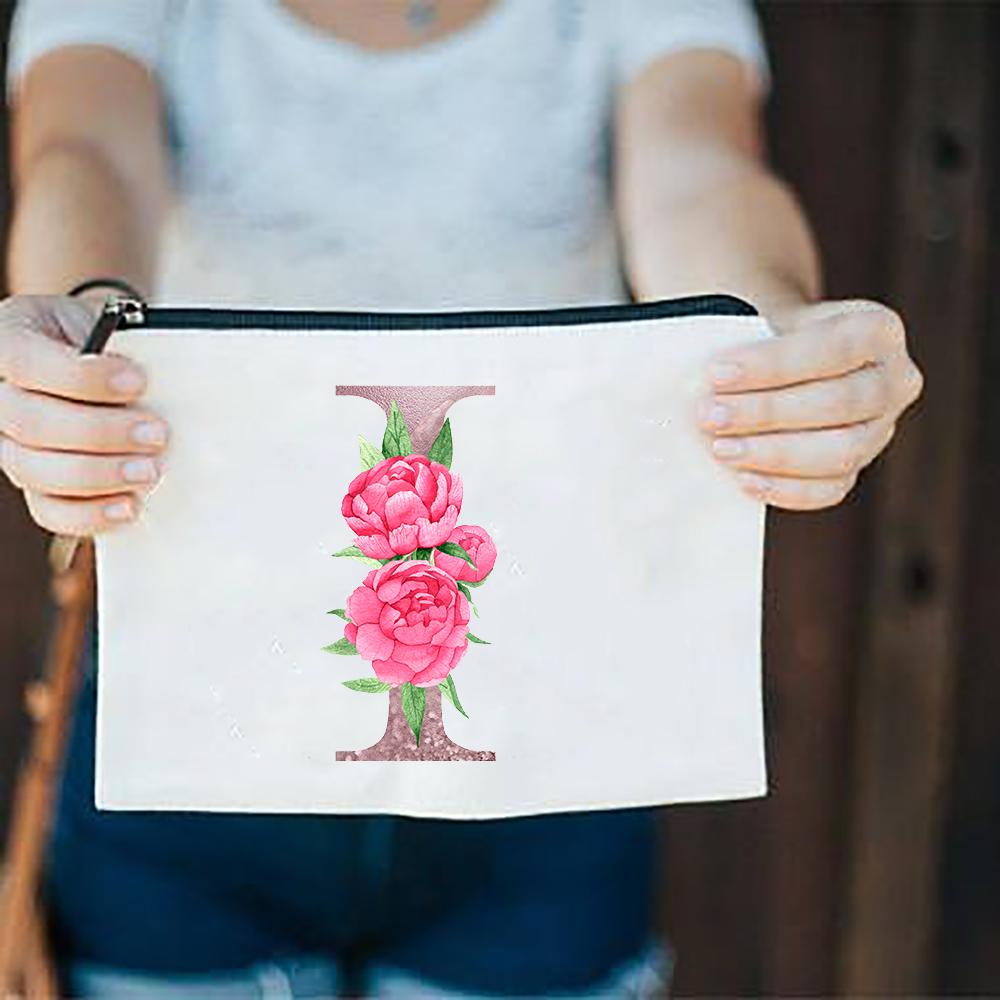 Pink Flowers Alphabet A-Z White Canvas Makeup Bags Zipper Cosmetic Pouch Ladies Casual Fashion Storage Organizer Make Up Bag