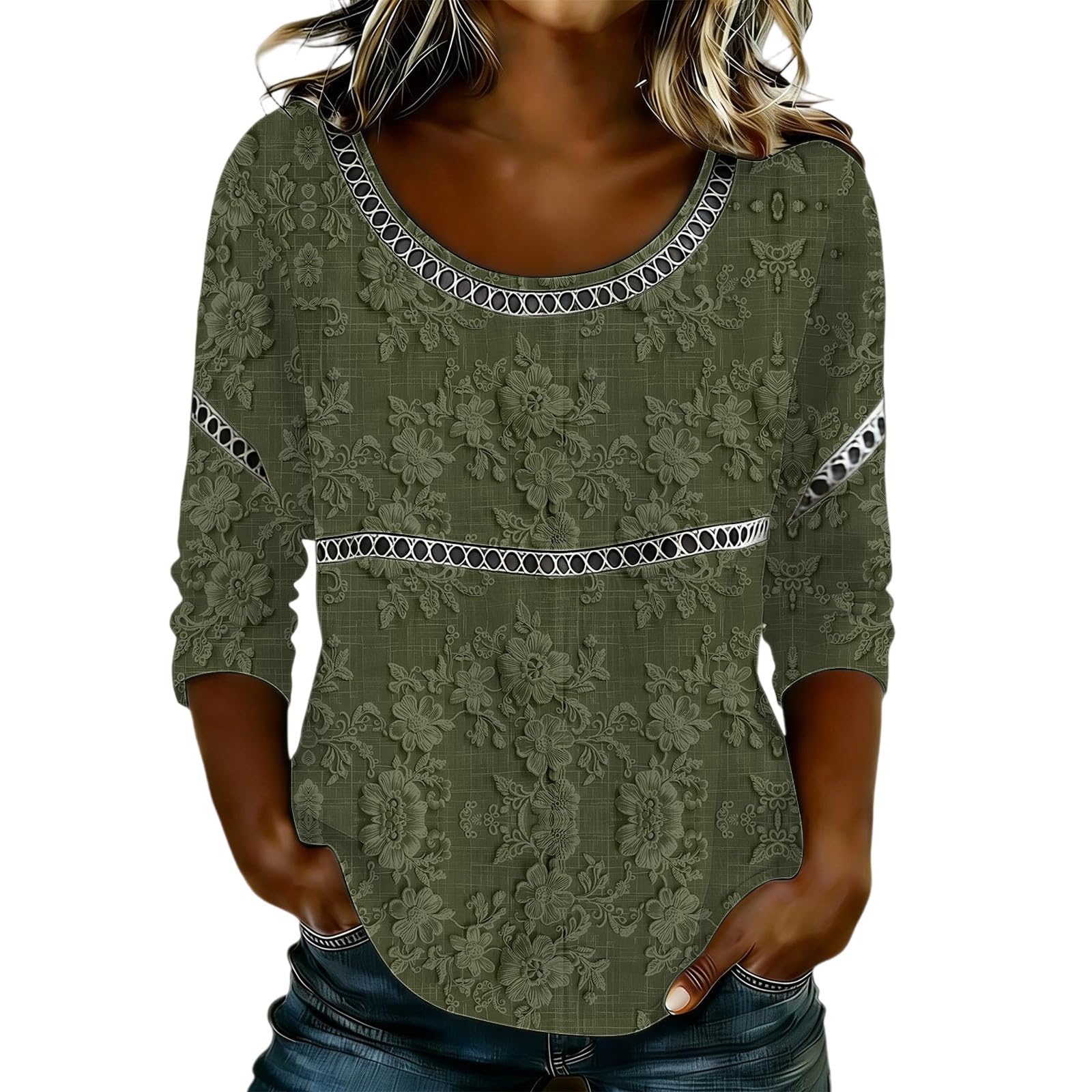 

Women s Fashionable Casual Floral Print Seven Quarter Sleeved Round Neck T-Shirt Top L армия зеленый