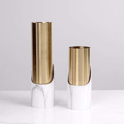 Modern Light Luxury Art Metal Cylindrical Flower Ornaments Imitation Marble Dried Flower Vases Home Model Room Decorations