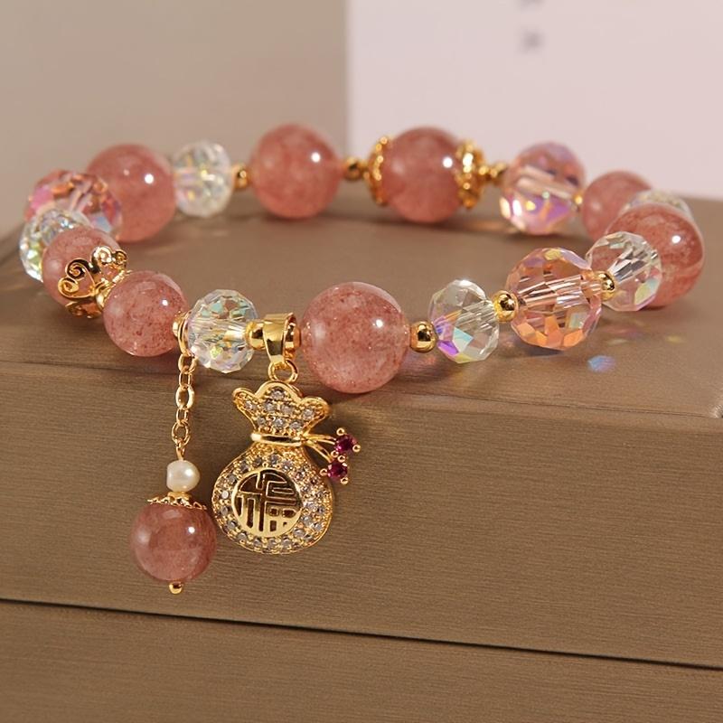 1 lucky bag pink strawberry stone bracelet with heart-shaped pendant and golden beads - shiny embellishments, adjustable elastic strap, playful design