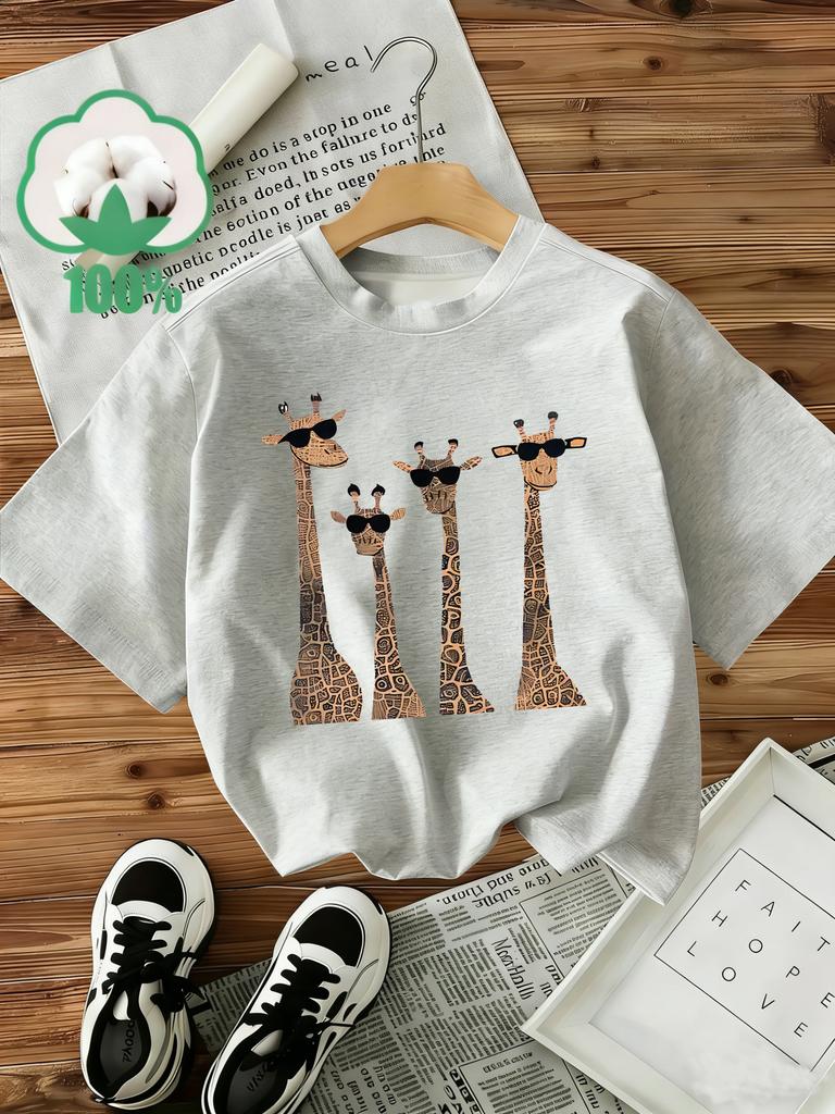 100% Cotton T-Shirt Women's Fashion Giraffe Print T-Shirt Graphic Funny Short Sleeve Crew Neck Top Shirt Casual 90s Tee
