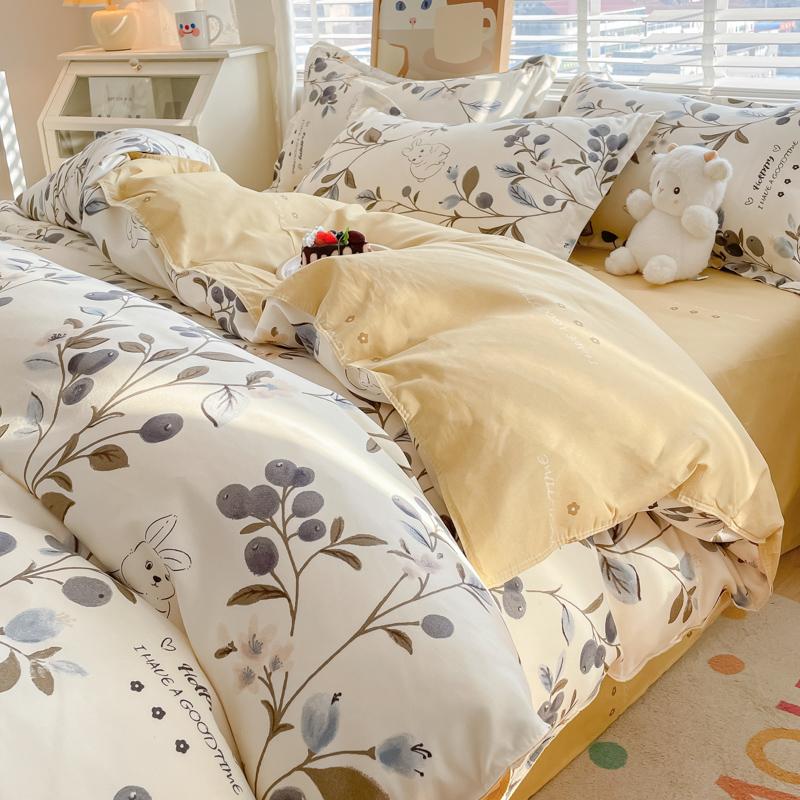 Watercolor Flower Duvet Cover Cotton Cartoon Bunny Comforter Cover Lovely Farm Animal Rabbit Bedding Set for Girly Bedroom Decor