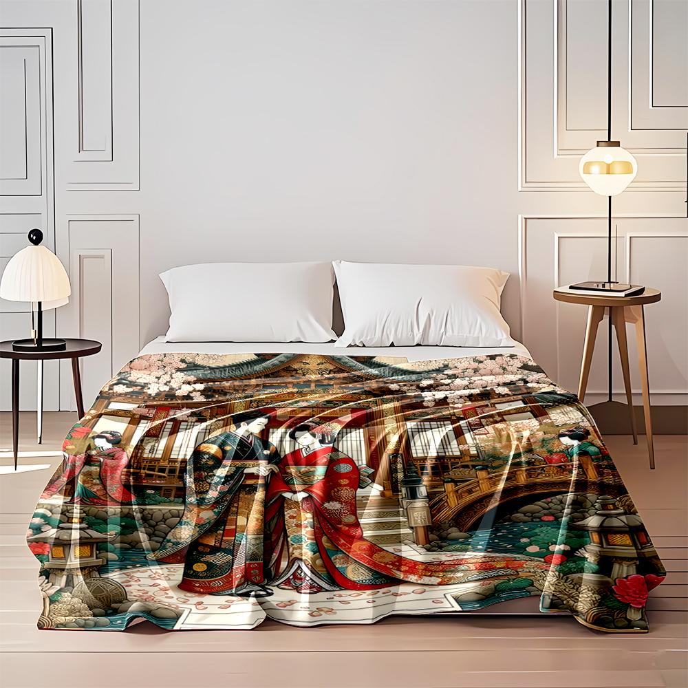 Traditional Japanese Couple in Kimono Design Flannel blanket for bedroom, living room, sofa, and nap sofas