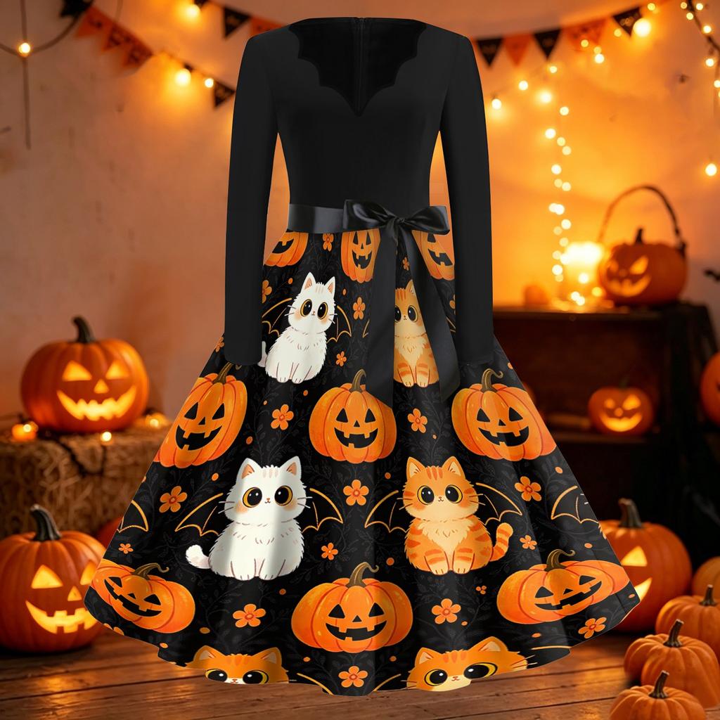 Damen Vintage Halloween Print V-Ausschnitt Kleid - Lässiges Langarm Retro Party Outfit