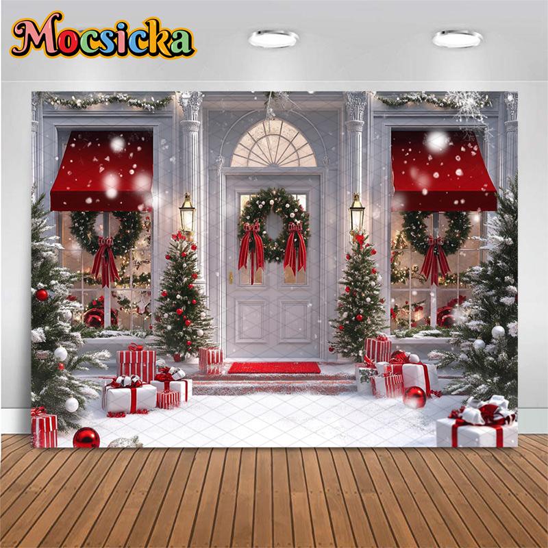 Mocsicka Christmas White House Backgrounds Photography Snow Family Party Photo Backdrops Red Bow Green Wreath Tree Decors Banner