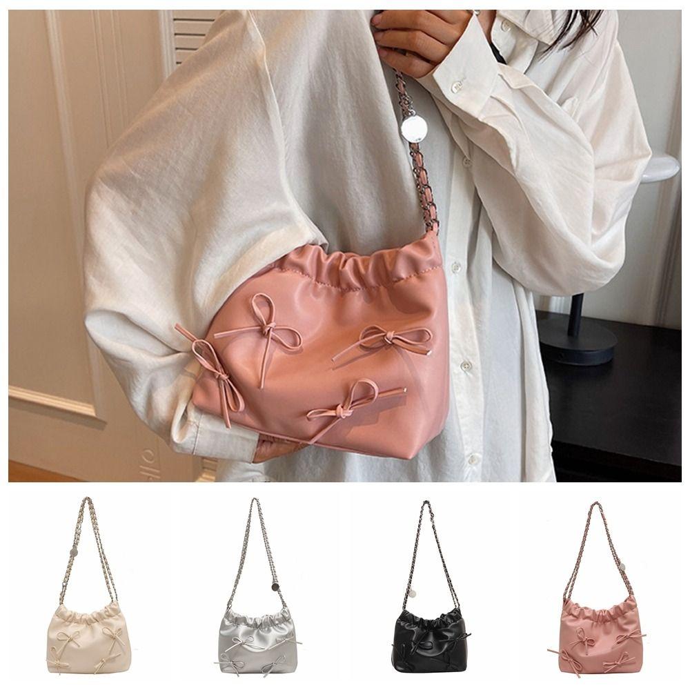 

Pleated Bow Tote Bag PU Leather Bow Crossbody Bag Simple Bowknot Bucket Bag Girl