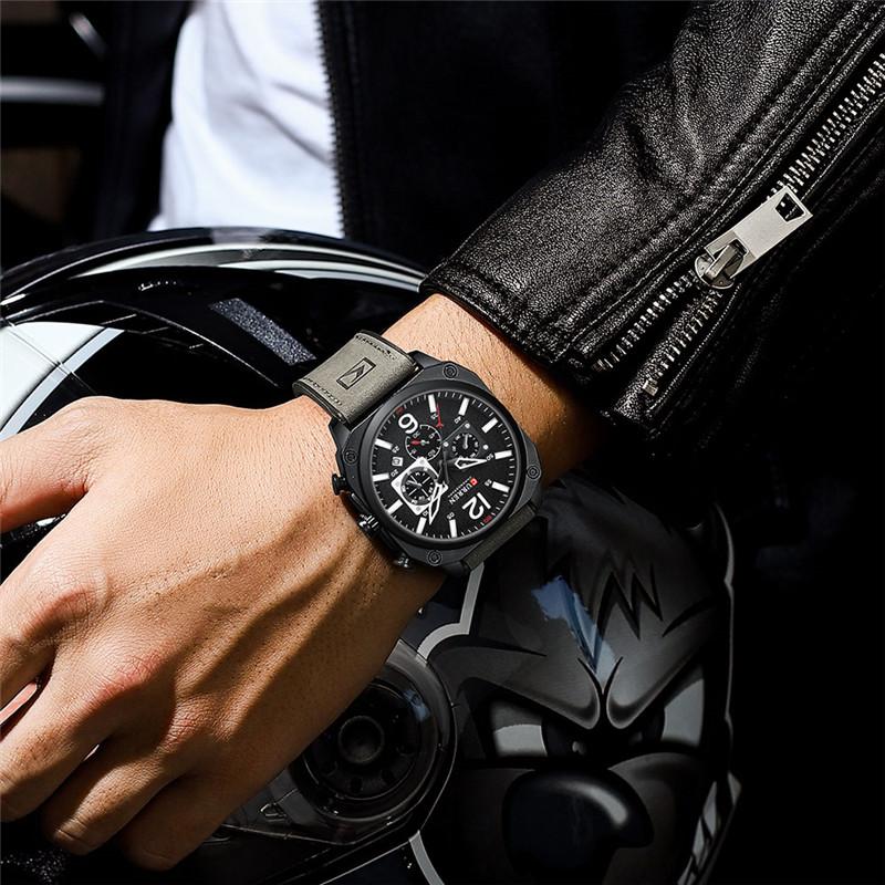 CURREN Chronograph Herren Armbanduhr Kalender Sport Herren Uhr Militär Top Marke Luxus Grau Echtes Leder Männliche Uhr Geschenk 8398