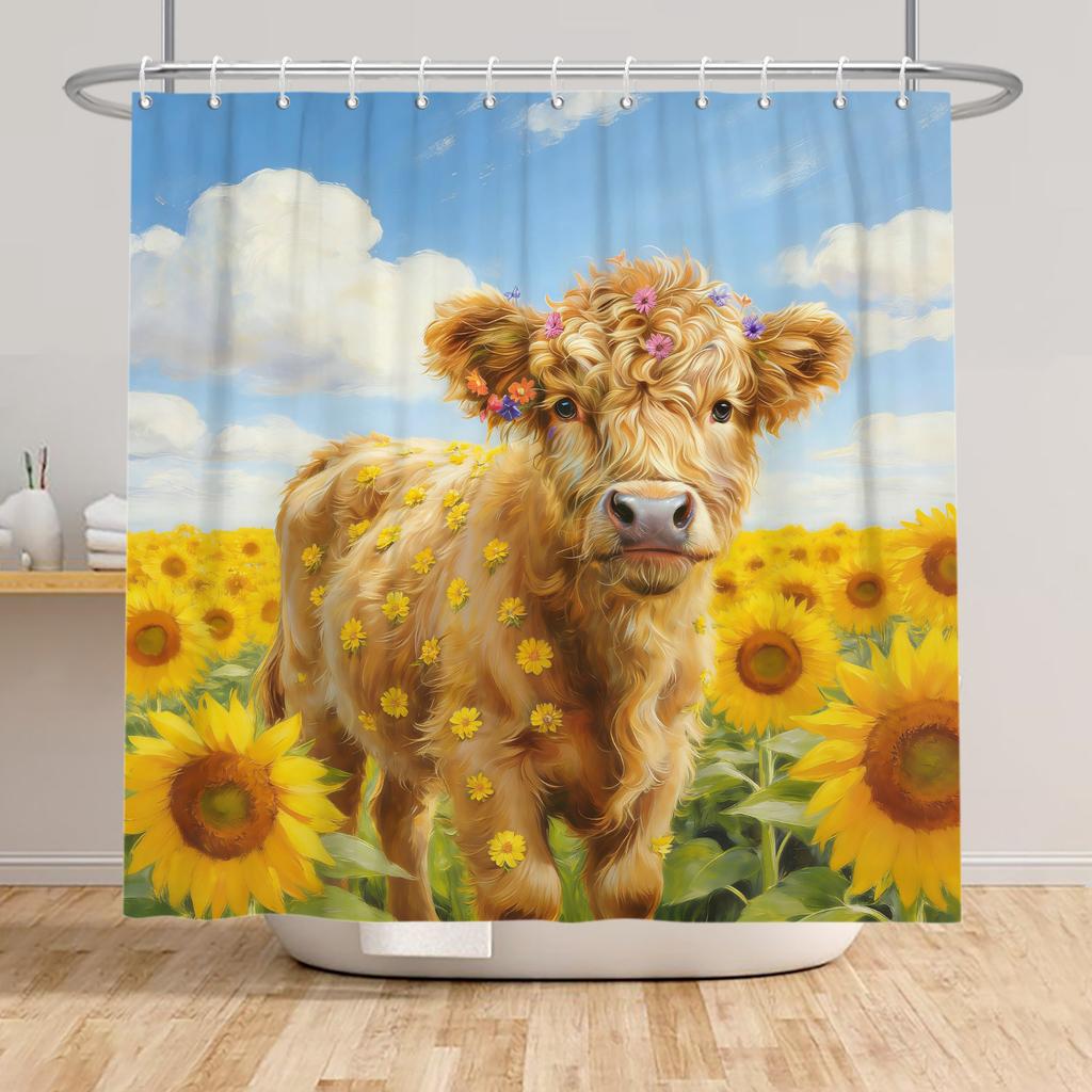 Fresh Pastoral Style Bathroom Shower Curtains Sunflower Calf Bathtub Bathroom Waterproof Curtain With Hooks Polyester Curtains