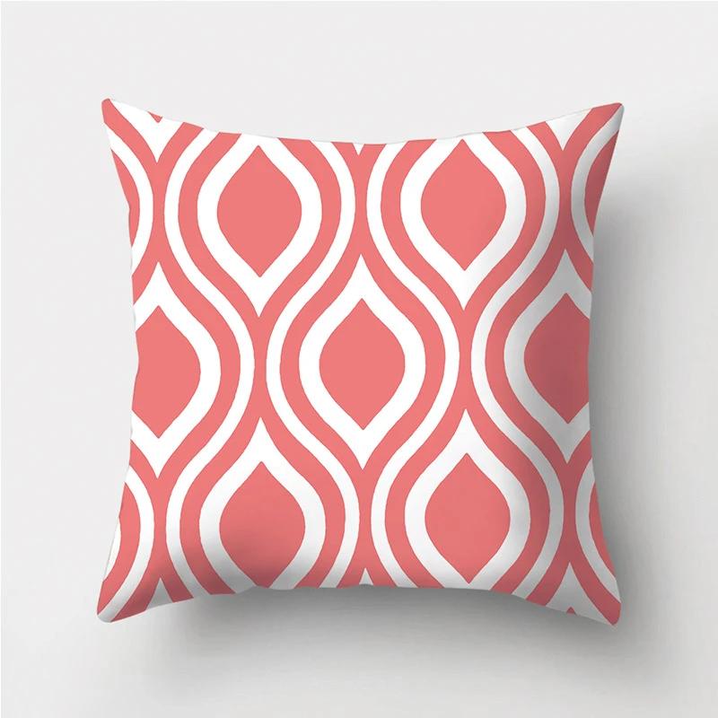 Coral Red Geometric Stripe Printed Pattern Polyester Cushion Cover for Home Living Room Sofa Decoration Throw Pillow Pillowcase