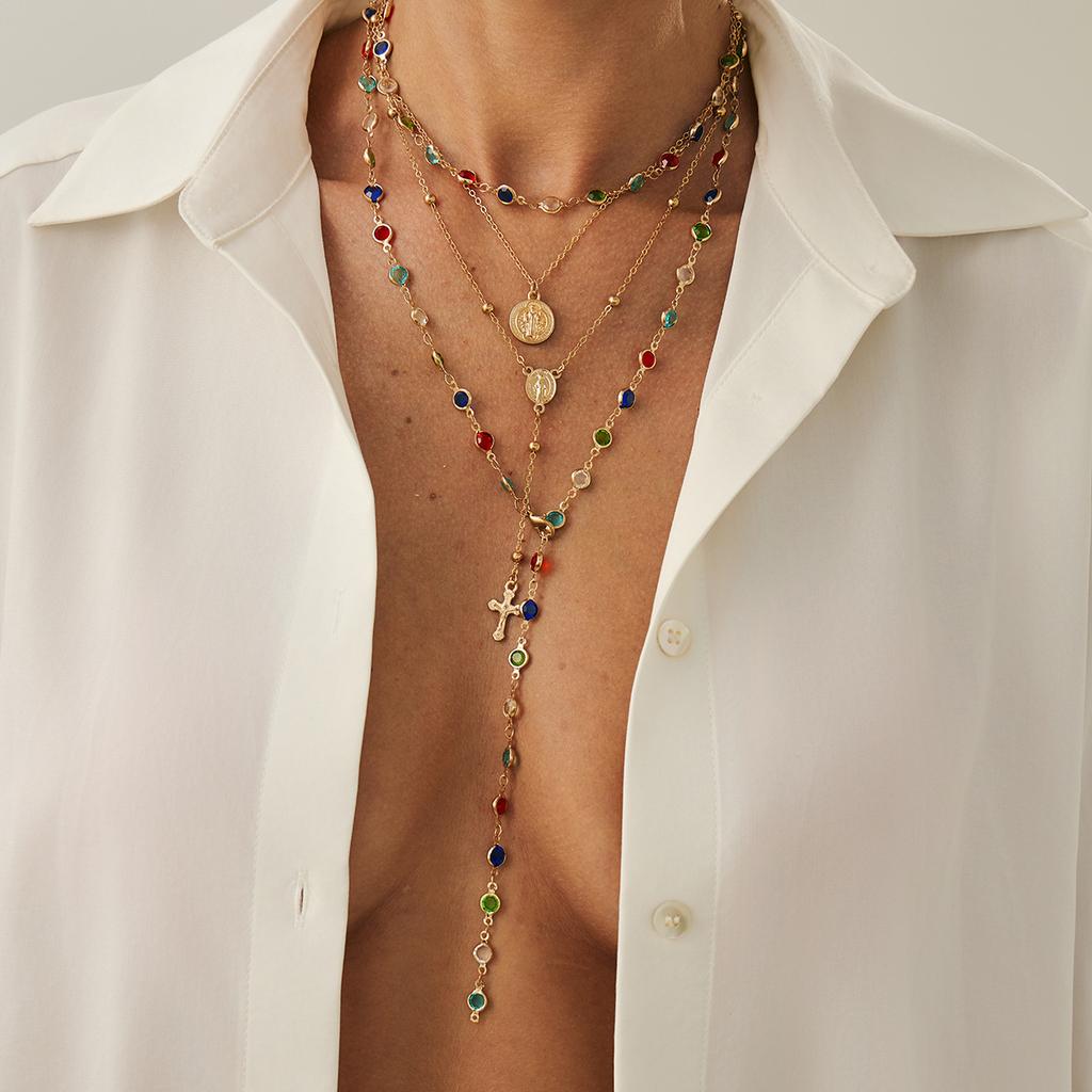 European and American Sense Y-shaped Fringed Necklace Women, Creative Color Double-layer Cross Pendant Collarbone Chain Necklace