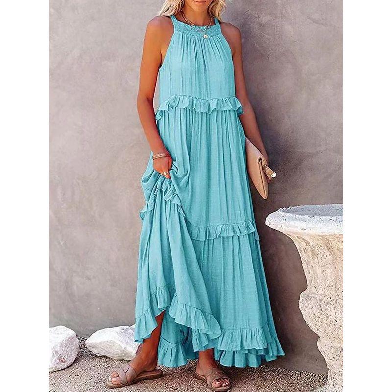 Long Dress European American Summer New Vacation Style Ruffles Wide Hem Flowy Beach Dress Long Dress Women