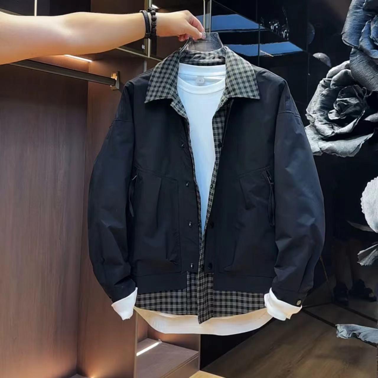 

Fake two-piece tooling lapel plaid collar jacket men s autumn Korean version trendy top youth ruffian handsome casual jacket M 90-55 kg