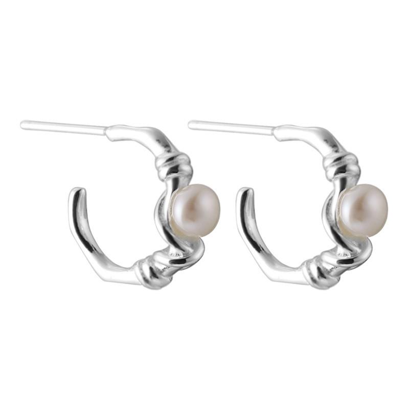 Irregular C-Shaped Half-Round Pearl Stud Earrings Sterling Minimalist Elegant Designer Jewelry Women 925 Sterling Silver