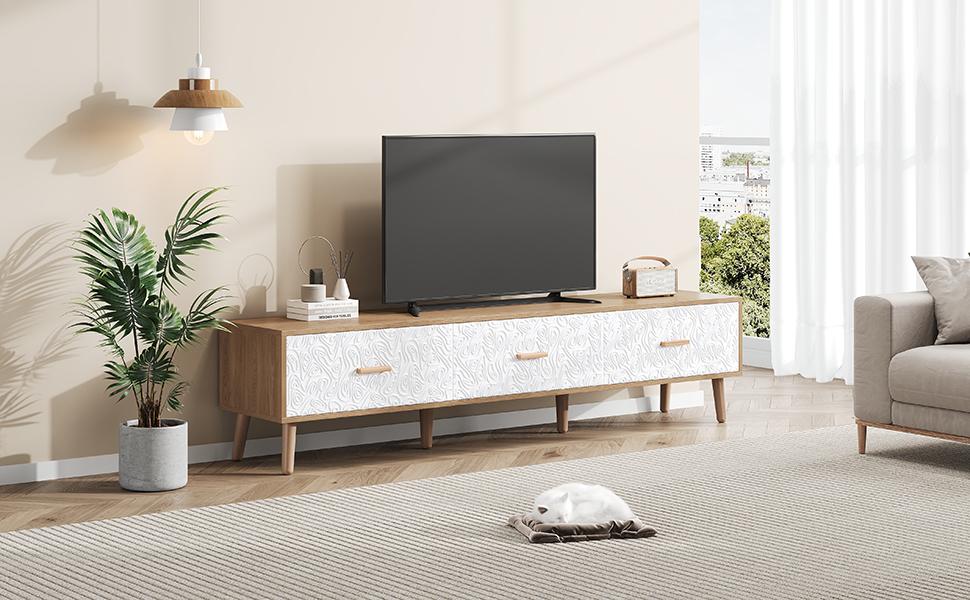 TV Low Panel Vintage, Wood TV Cabinet TV Table - Living Room Bedroom, Light Wood, Vintage Grain White Door Panel, 150*35*39cm