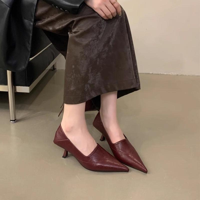 

Stiletto Single Shoes Fashion Pointed Toe Shallow Mouth Deep Mouth Slip-on Kitten Heels 35 вино красного