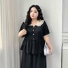 Plus size women clothing [French style Advanced Sense Set] Summer Chubby Girl Contrast Color Double Layer Lapel Short sleeve Top Skirt