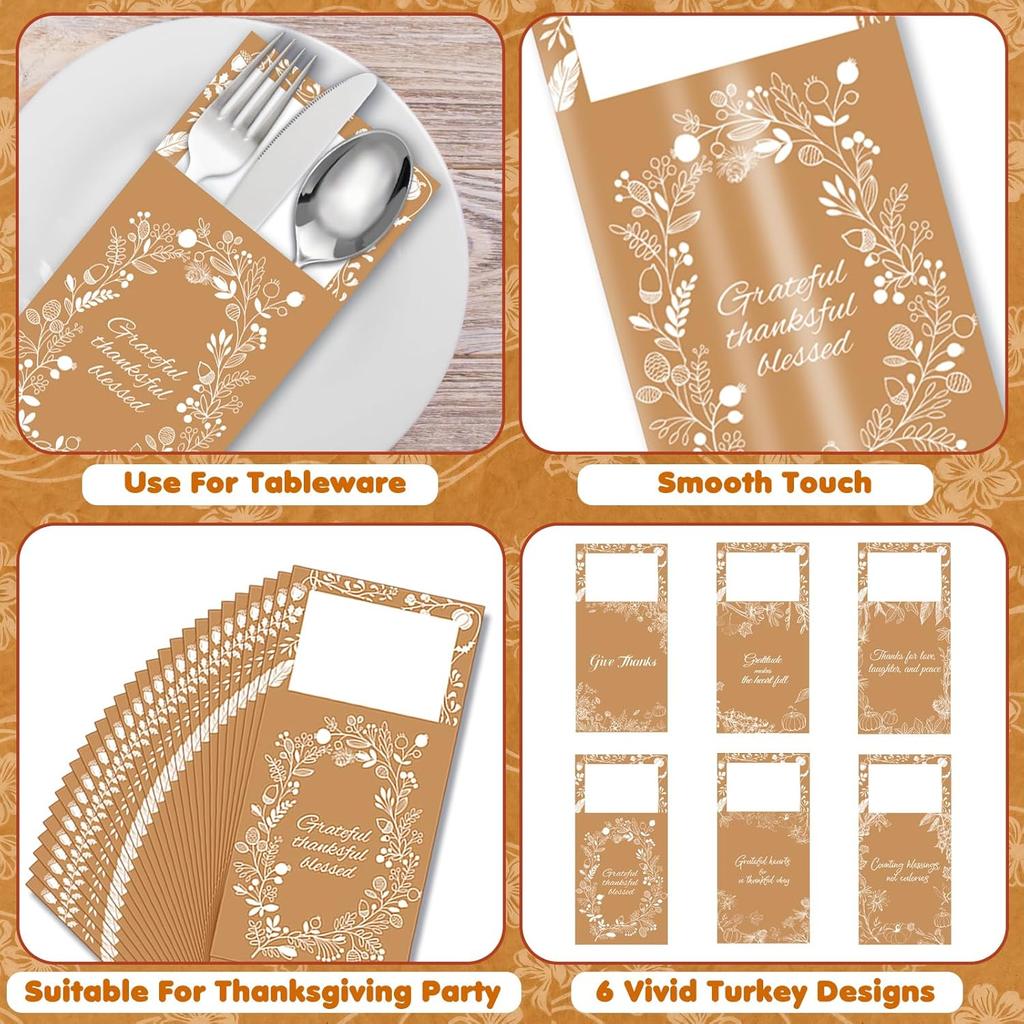 42PCS Thanksgiving Table Decor Cutlery Holder Set - 6 Thanksful Decorations Utensil Holder for Dinner Party Autumn Family Harvest Table Supplies