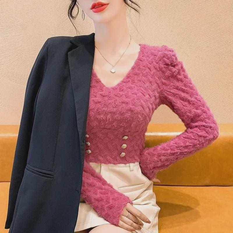 Kadın Fransız Kabarık Kollu Dantelli V Yaka Dar Kesim Uzun Kollu Üst - Sonbahar Koleksiyonu