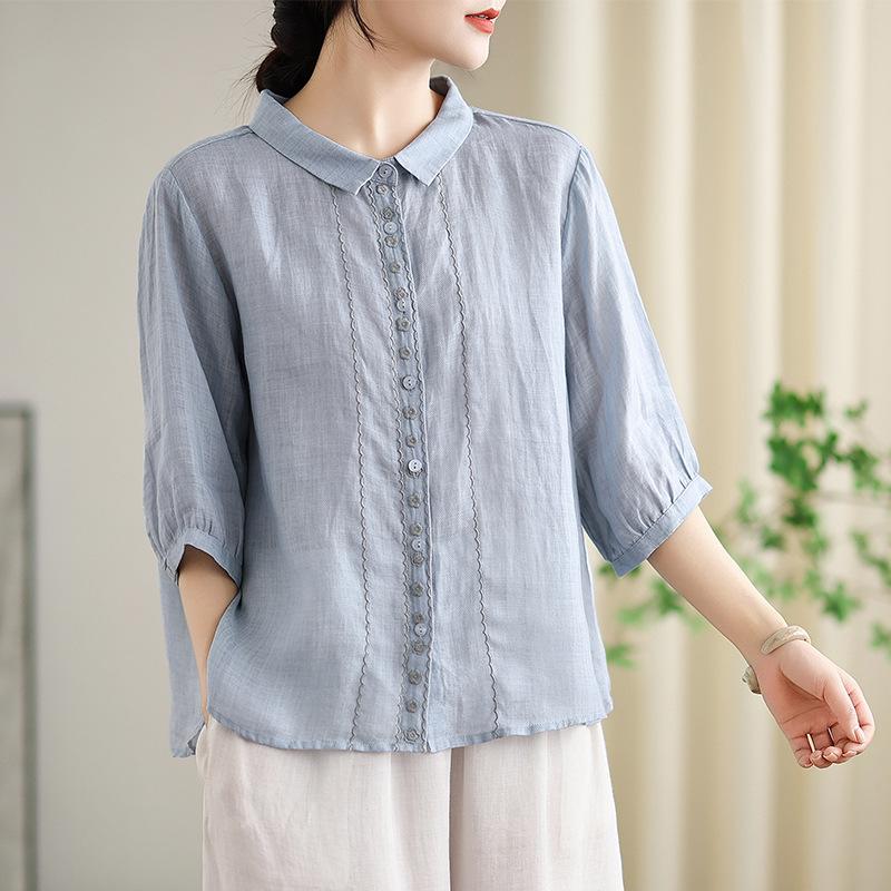 Summer Lantern Sleeve Short-sleeved Cotton and Linen Embroidered Literary Loose Shirt Blouse Women