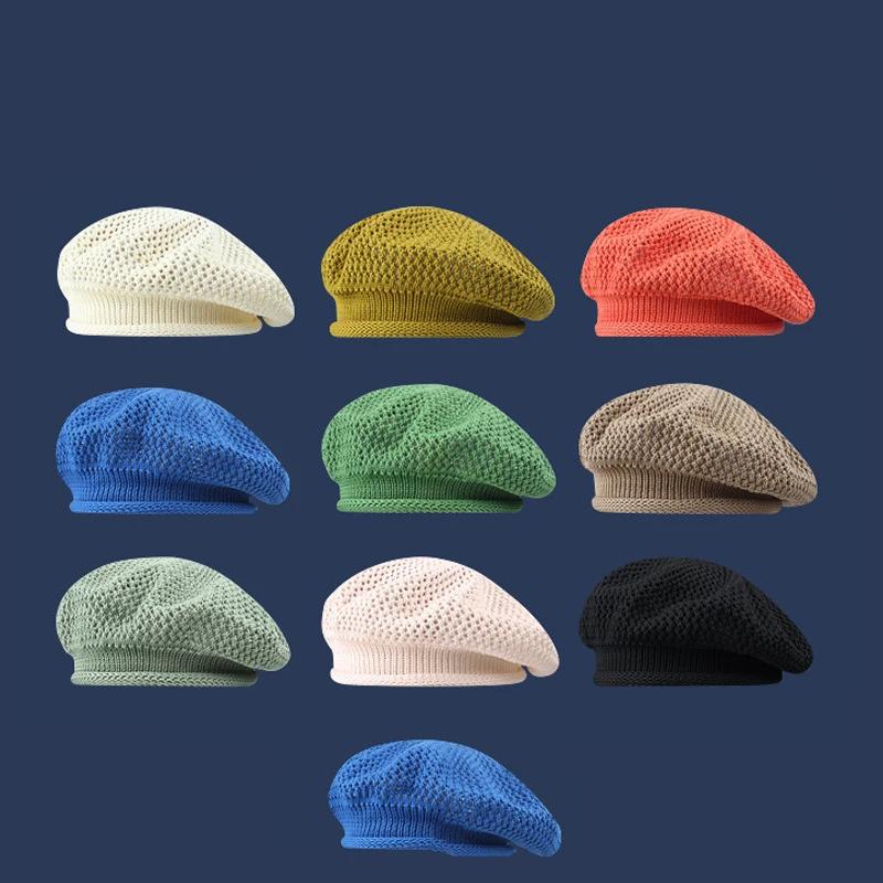 New Korean Hollow Solid Color Knitted Beret Hat For Women Summer Breathable Weave Painter Hats All-Match Trend Flat Cap Artists