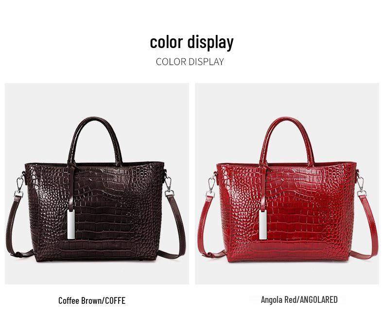 Qian Dian Wine Red Crocodile Pattern Leather Tote – Large Capacity Handbag & Crossbody Bag for Weddings & Work
