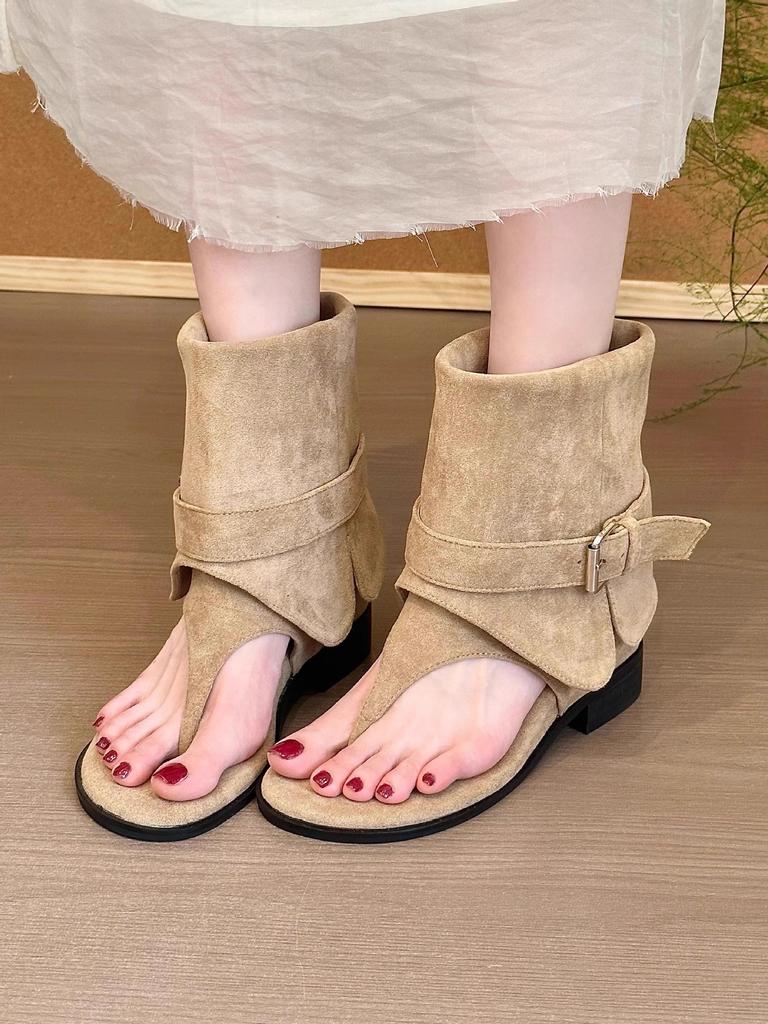 Natal Spice Girls Boots! Suede toe inner heightening trouser boots women's summer one-word buckle thick heel cool boots
