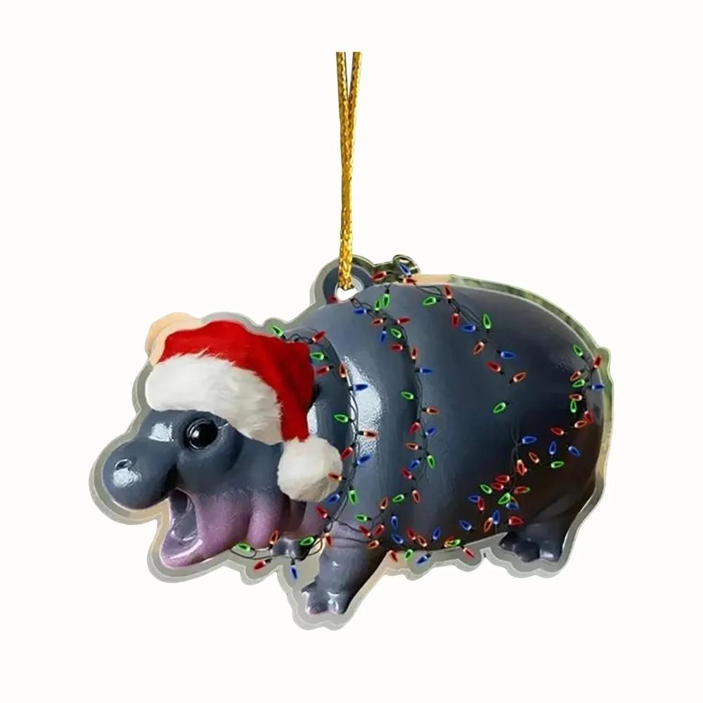 Cartoon Moo Deng Christmas Hippo Resin Figurine 2D Pygmy Moo Deng Hanging Decoration Moo Deng Toy Kawaii Hippopotamus Ornaments