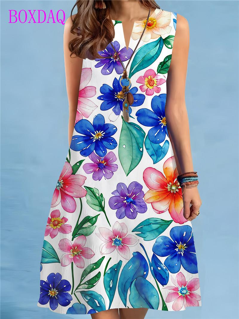 

New Summer Dress For Women Casual Sexy Sleeveless V-neck Loose Mini Dress Elegant Floral Print Beach Party Dress Women Sundress 5XL