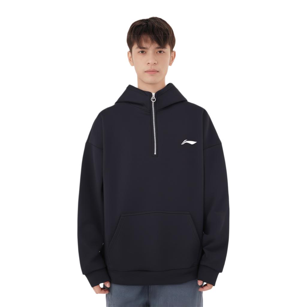 Li Ning Logo Print Loose Pullover Hoodie Unisex hoodies Black YWDU573-1