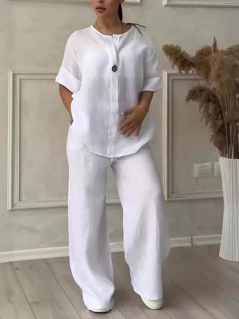 2025 European & American Women's Casual Cotton & Linen Loose Top and Wide-Leg Pants Set