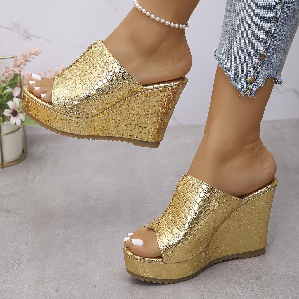 pattern Dress Slides Fashion Round Open Toe High heel Shiny Prom Sandals for Party Wedding Casual Walking