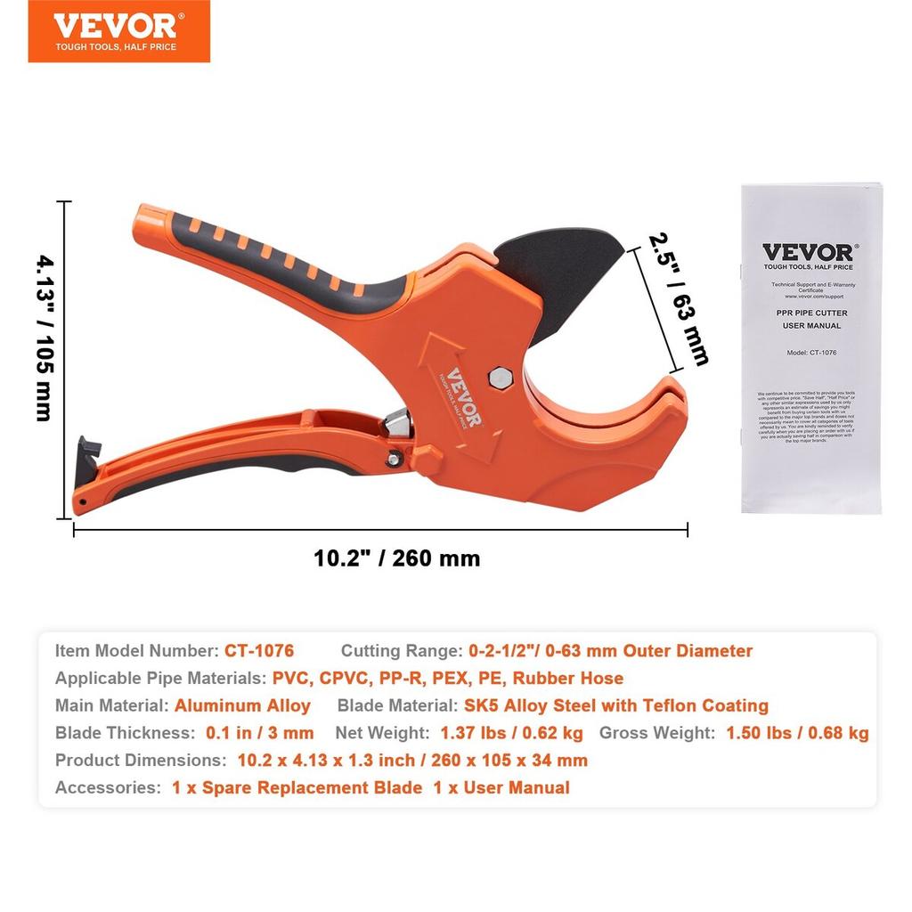 PVC Pipe Cutter Ratcheting PVC Pipe Cutter 0-2-1/2" O.D. & Spare SK5 Blade