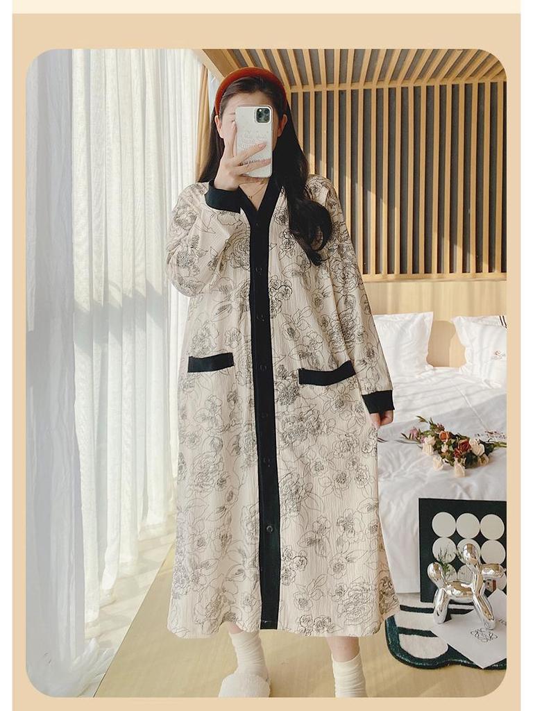 Long Sleeve Maternity Nightgown: Spring & Autumn Breastfeeding Pajamas with Cardigan for Pregnant Women
