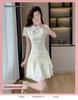 Zen-Style Jacquard Stand Collar Short Sleeve Irregular Chiffon Tea Dress